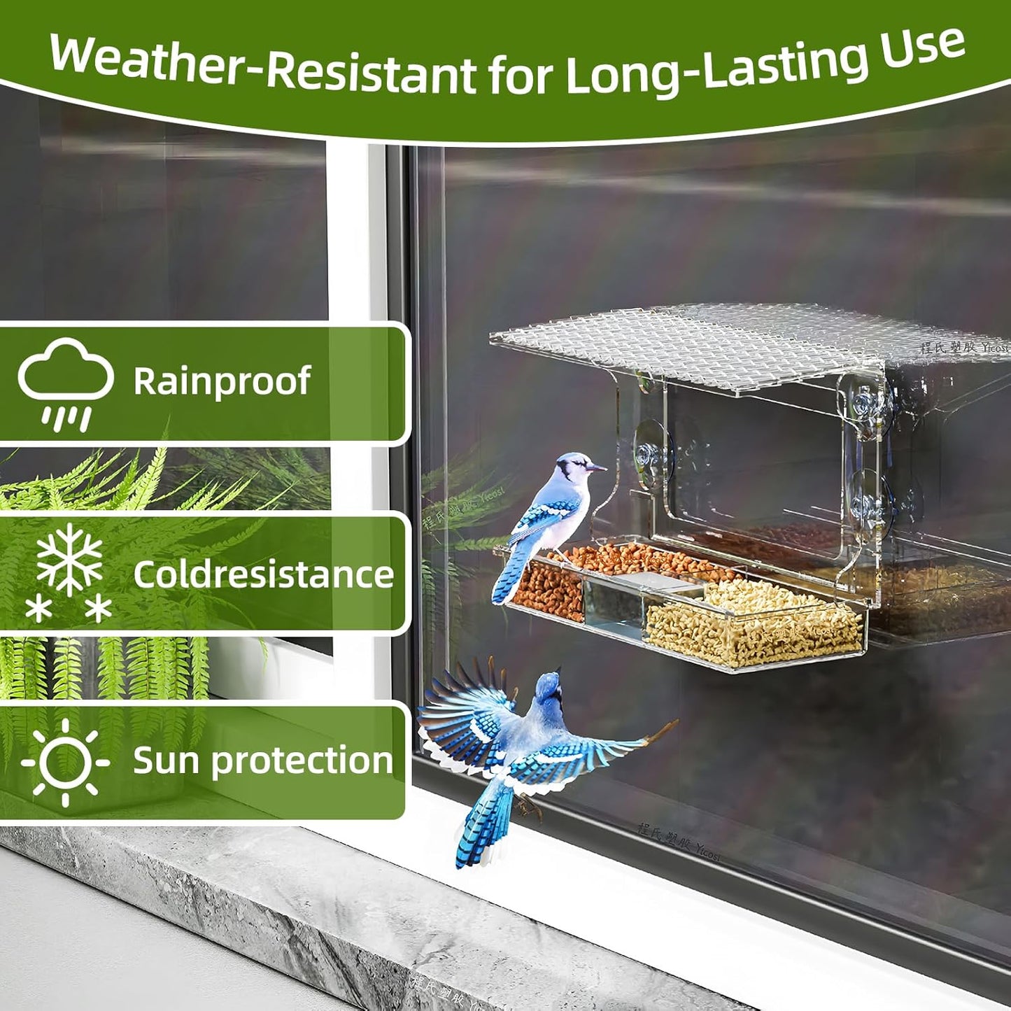 Window Bird Feeder with Strong Suction Cups – Flat-Tile Roof Acrylic Bird Feeder for Outdoors, Clear Viewing Box for Wild Birds & Cats, Easy-to-Clean, Large Capacity, Transparent Birdhouse Feeder