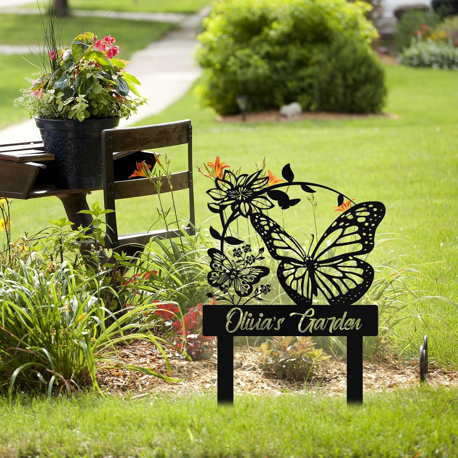 Custom Metal Butterfly Garden Signs with Stake, Personalized Garden Si