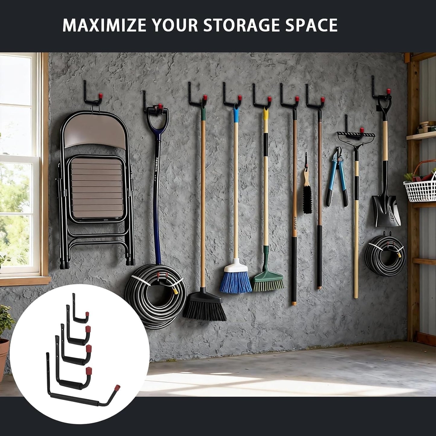 6 Pack Garage Hooks Heavy Duty, Multi Functional J Hooks, Anti Slip Ladder Hooks for Bikes, Chairs, Garden Tools and More. (9.48inch)