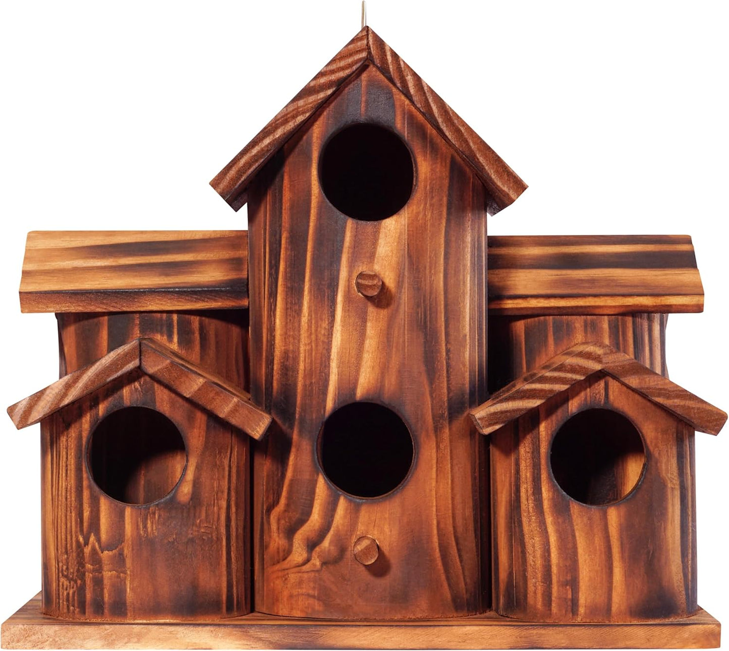 MIXUMON Wooden Bird Houses for Outside – 6 Rooms Multi-Chamber Bird House, Carbonized Pine Rustic Finish, 1.57" Entrance Holes, Cleaning Doors for Each Room, Decorative Outdoor Bird Nesting Box