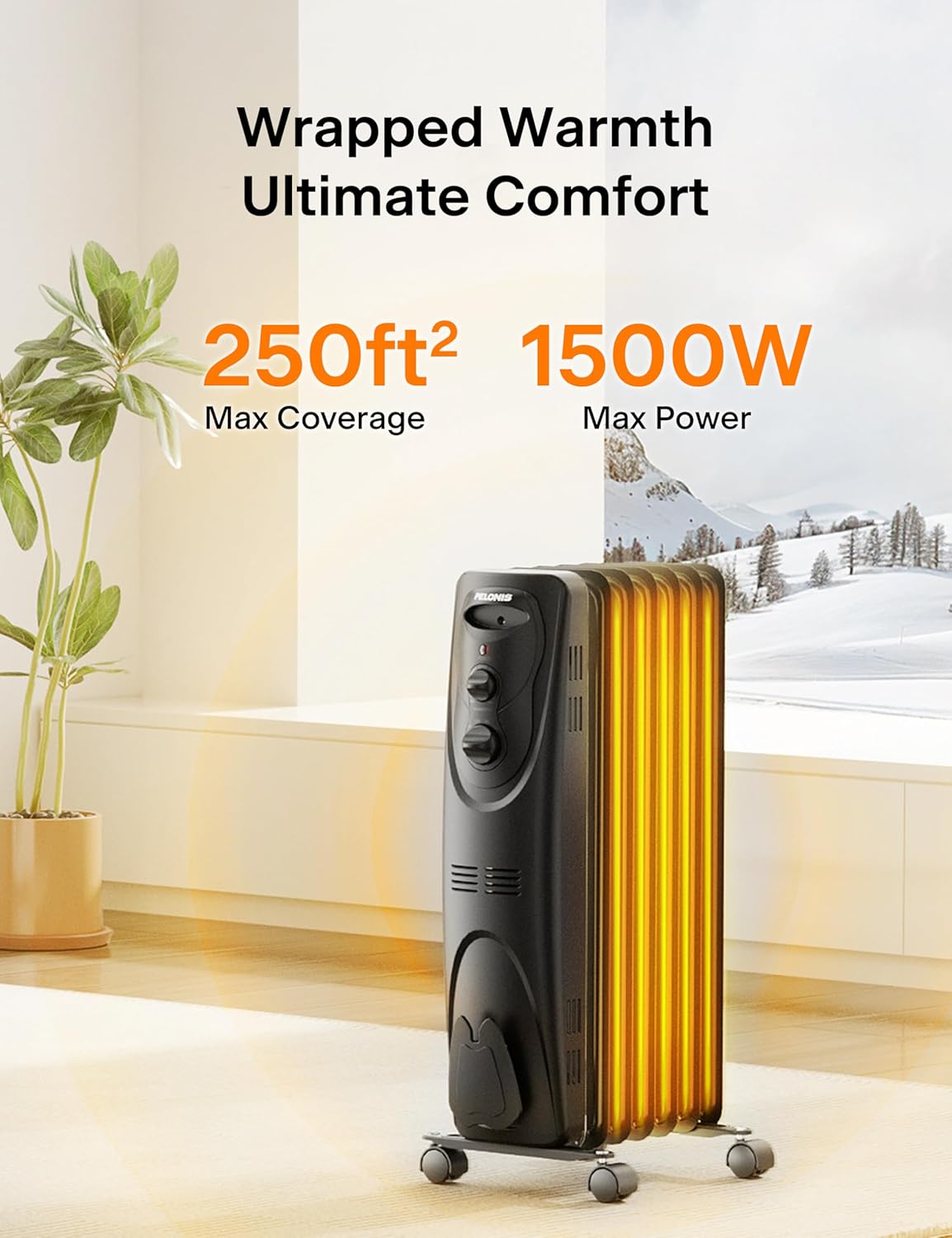 PELONIS Radiator Heater for Large Space, Electric Oil Filled Radiator, Dual Knobs, 1500W, Quiet Space Heater, 3 Modes, Tip-over Protection