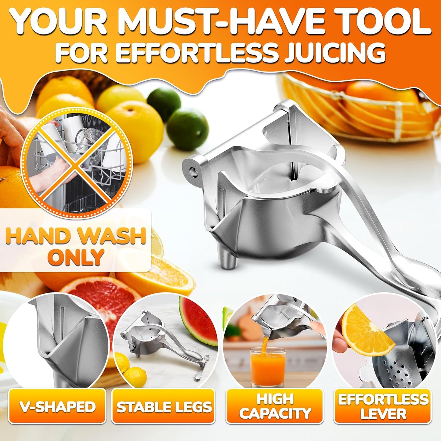 Fruit Juice Squeezer Handheld Aluminum Alloy - Manual Juicer Hand Press, Non-Slip Ergonomic Handle, Easy to Use & Clean, 0.6 L Capacity - Great Bar Juicer for Citrus, Pomegranate, and Other Fruits