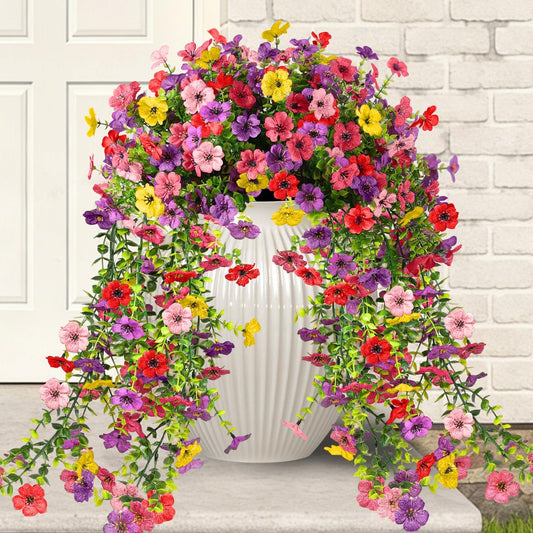 4PCS Artificial Fake Hanging Flowers for Outdoor, Realistic Faux Plants UV Resistant Spring Silk Flowers for Planter Garden Outdoor Flower Pots, Spring Summer Home Yard Decoration