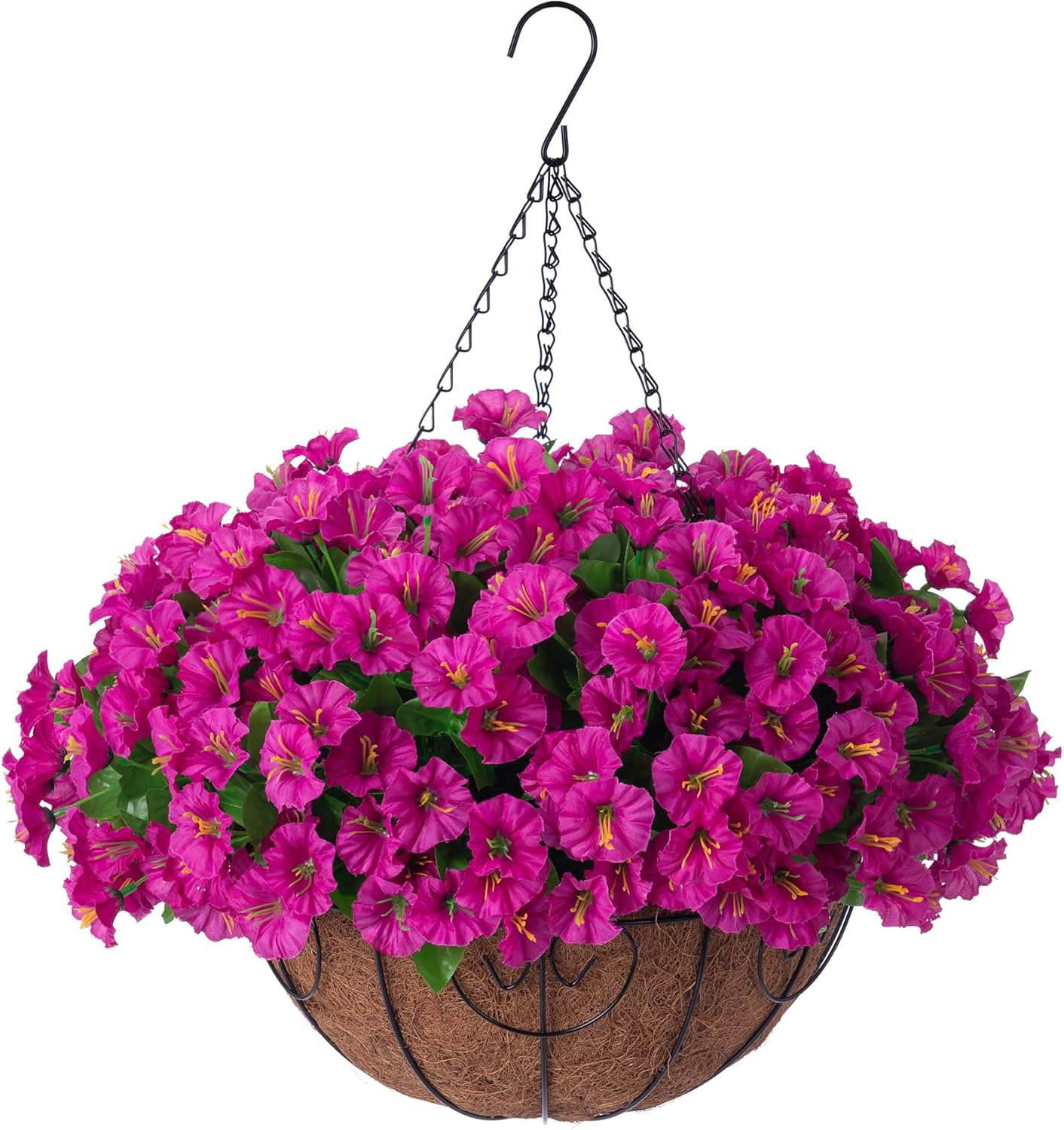 Homsunny Artificial Hanging Flowers Plants with Basket for Outdoors - Fake Petunias Flowers Fake Silk Morning Glory Planter for Outside Porch Patio Balcony Garden Spring Summer Decor(Purple red)