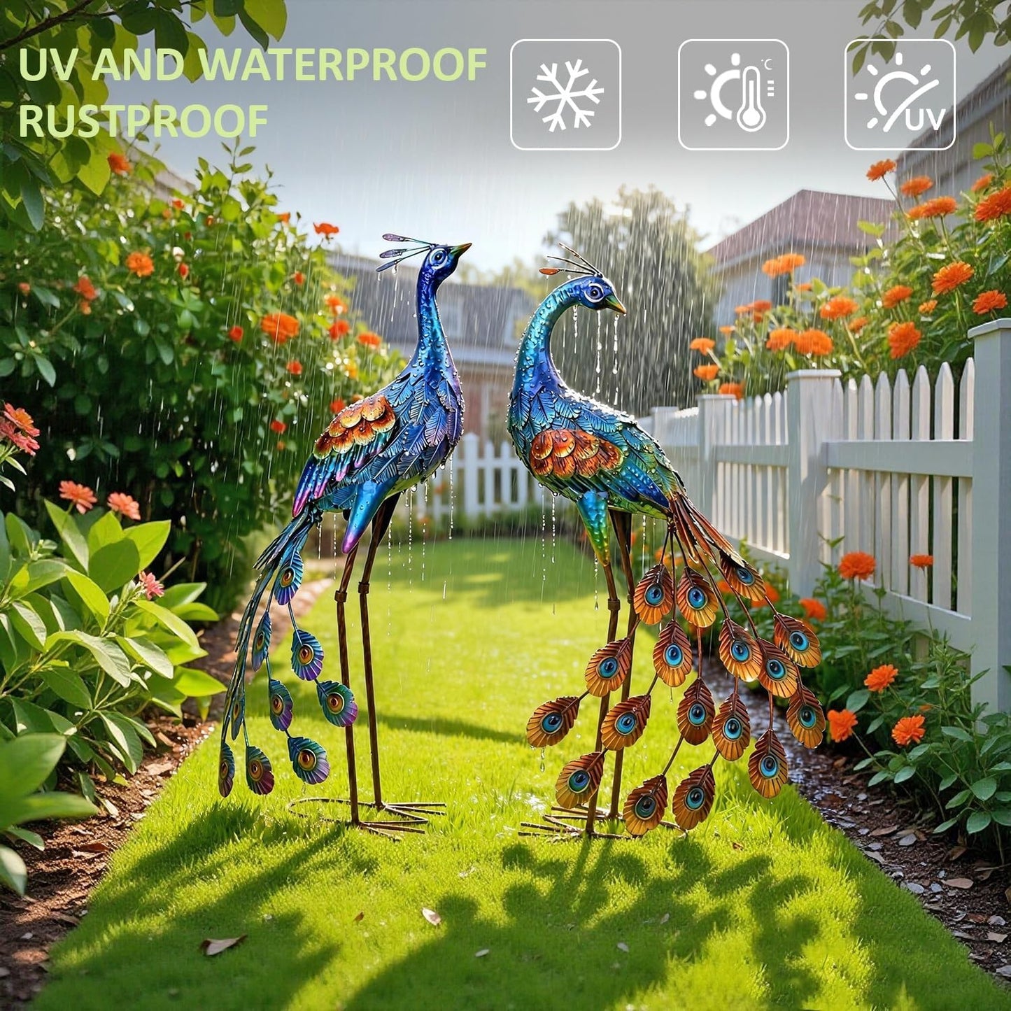 Kircust Peacock Garden Statue and Sculpture, Metal Peacocks Yard Art Lawn Decor, Large Birds Garden Sculptures & Statues for Patio Backyard Pond Home Decoration