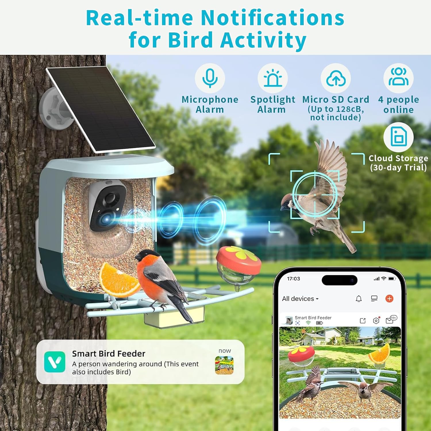 Smart Bird Feeder with Camera Solar Powered - 2K HD Video Camera AI Id