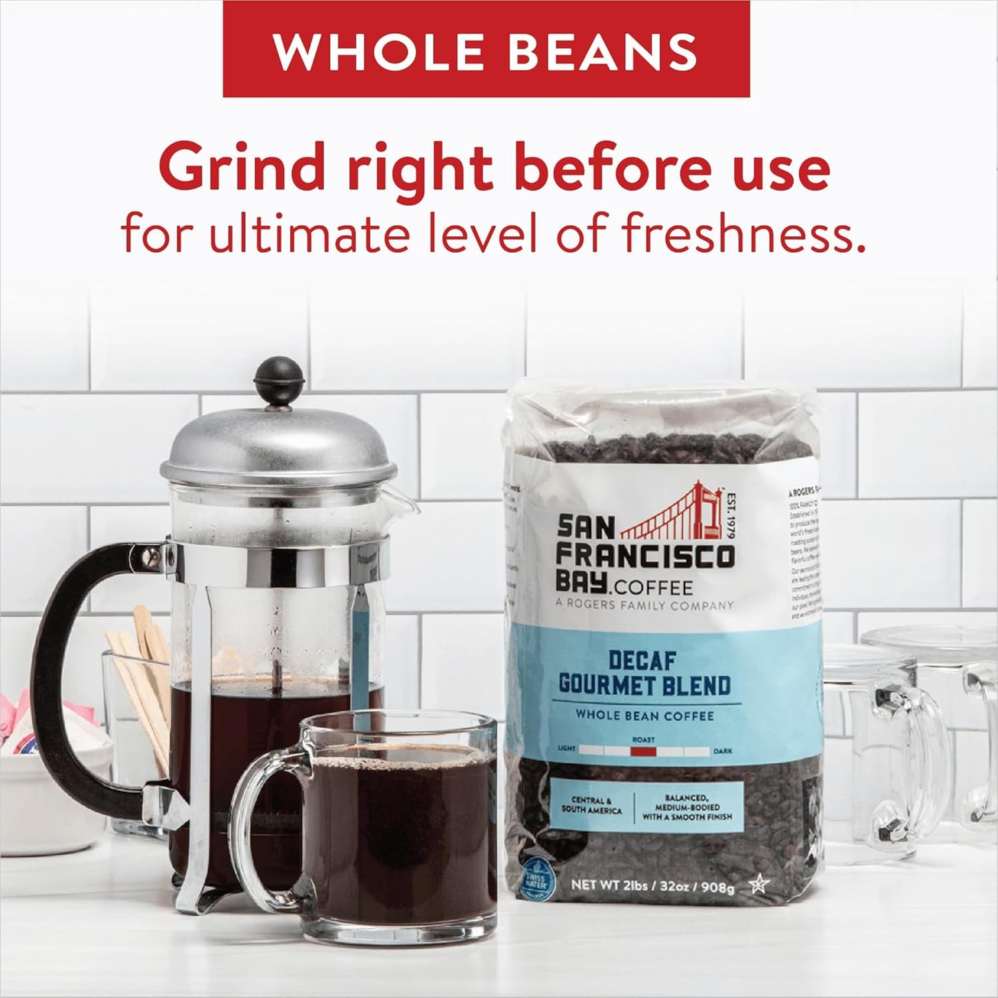 San Francisco Bay Coffee - Decaf Medium-Dark Roast Whole Bean Coffee -