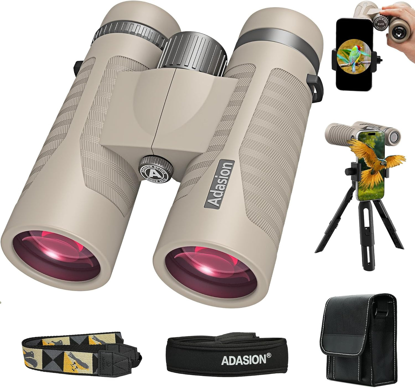 8x42 HD Binoculars for Adults High Powered with Phone Adapter and Trip