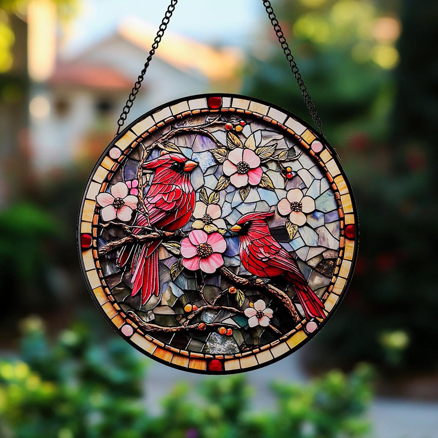 Cardinal Stained Glass Suncatcher - Hand-Painted Window Hanging with Metal Chain, Outdoor/Indoor Wall Decor for Mothers Day, Housewarming Gifts for Mom & Grandma Women Birthday Gifts