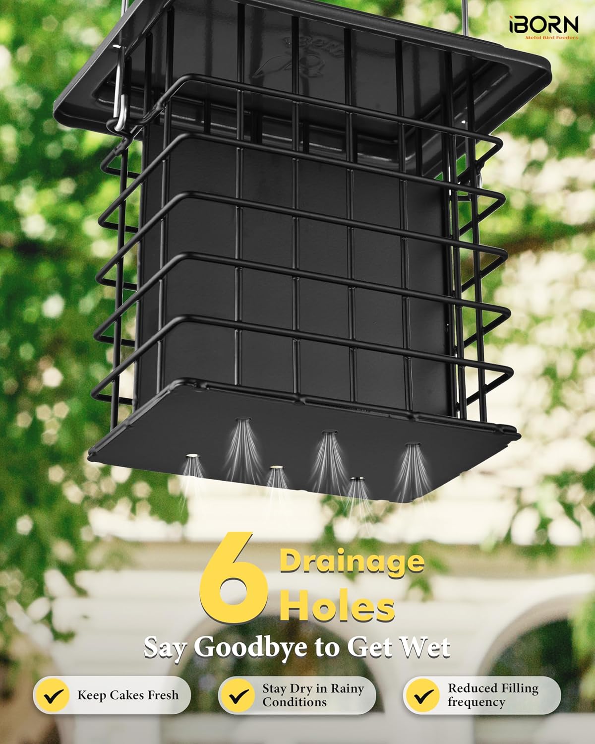 iBorn Double Suet Feeder for Outside Hanging,Weatherproof Suet Feeders,Suet Holder with Taller Grid for Woodpecker, Suet Cage Bird Feeders for Outdoors,Easy to Clean & Refill,All Metal,Black
