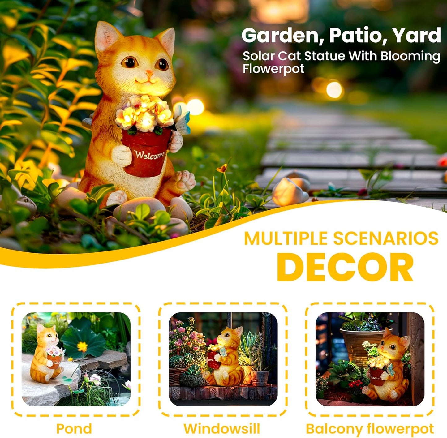 GIGALUMI Solar Garden Decor Flower Pot Cat Statues Outdoor, Birthday G