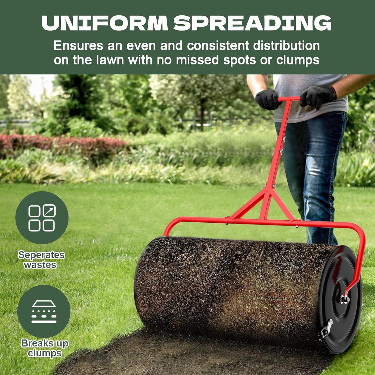 Compost Peat Moss Spreader for Lawn, 30 Inch Compost Roller Spreader w