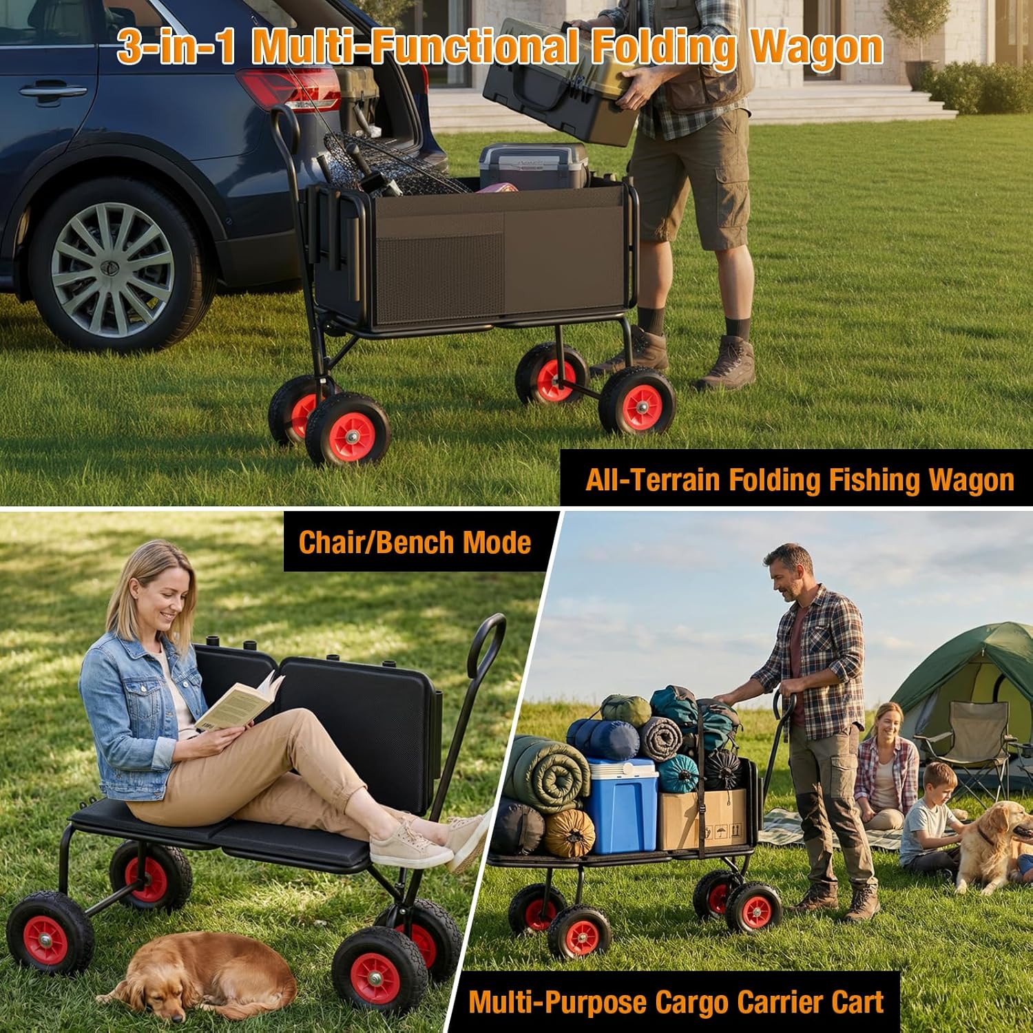 3 in 1 Beach Fishing Cart, Heavy Duty Garden Carts w/All Terrain Infla