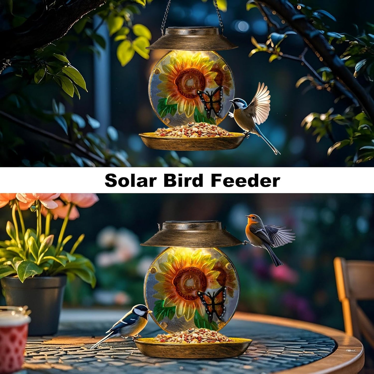 Solar Bird Feeders for Outdoors Hanging, Solar Sunflower Bird Feeder with Led Light Waterproof Metal Birdfeeders Outside Hanging Decorative for Outdoor Garden Yard Patio Backyard