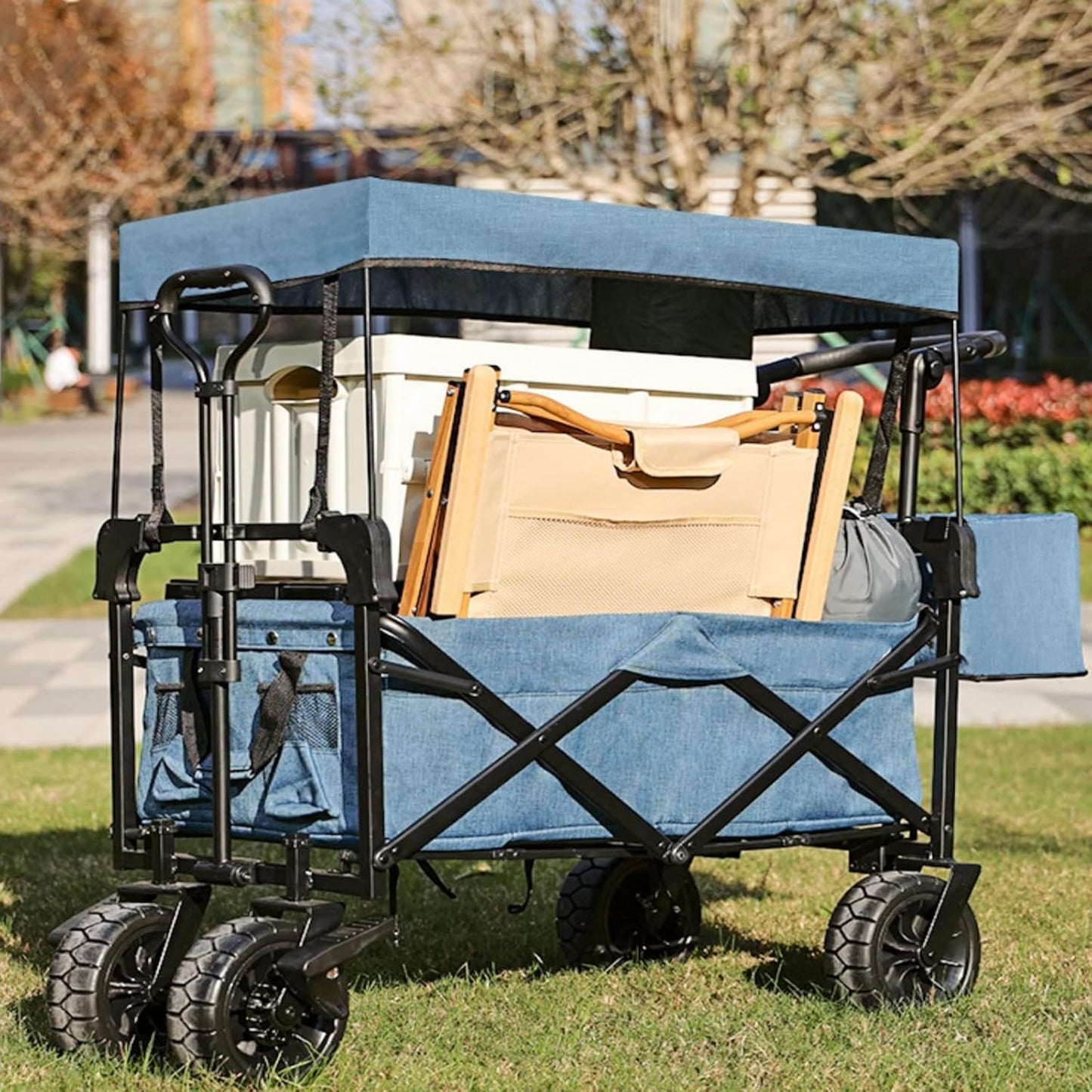 Collapsible Folding Wagon with Canopy - Portable Garden Cart for Beach, Camping & Sports - Off-Road Wheels, 220lbs Capacity, Lightweight & Durable, Blue