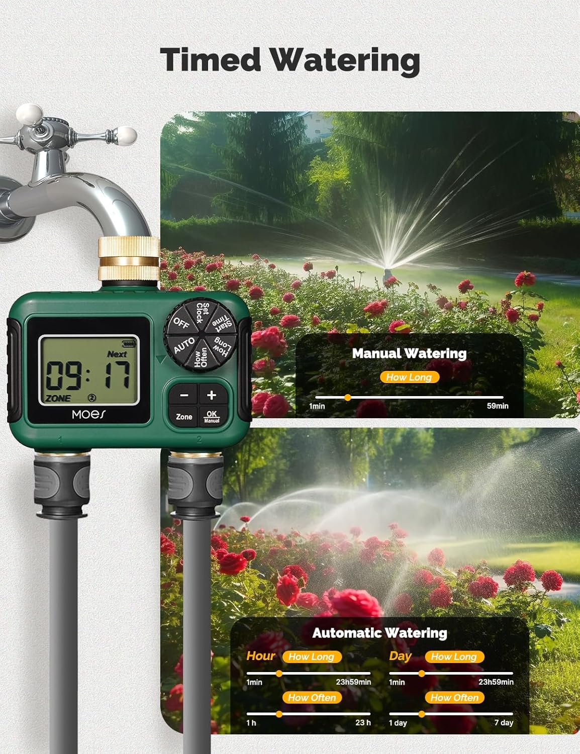 MOES 2 Outlet Sprinkler Timer, Brass Inlet & Outlet, Programmable Auto