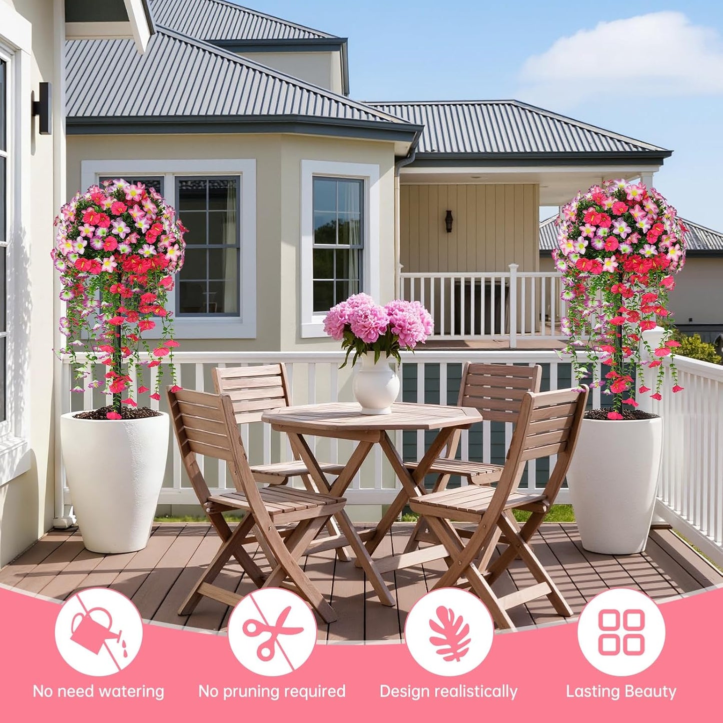 Artificial Topiary Ball Trees with Pink Morning Glory Flowers, 3FT Faux Outdoor Plants Artificial Bushes Set of 2 with Ground Spike, UV Resistant Fake Shrubs for Front Porch Garden