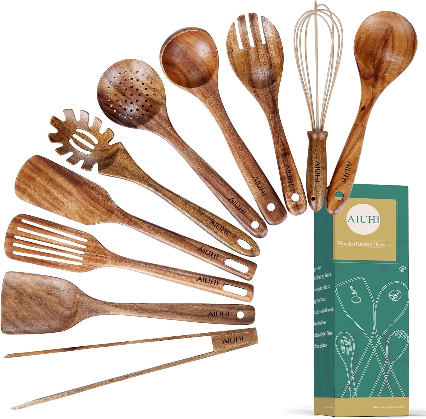 10 Pack Wooden Utensils for Cooking, Wood Utensil Set for Kitchen, Tea