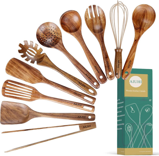 10 Pack Wooden Utensils for Cooking, Wood Utensil Set for Kitchen, Tea