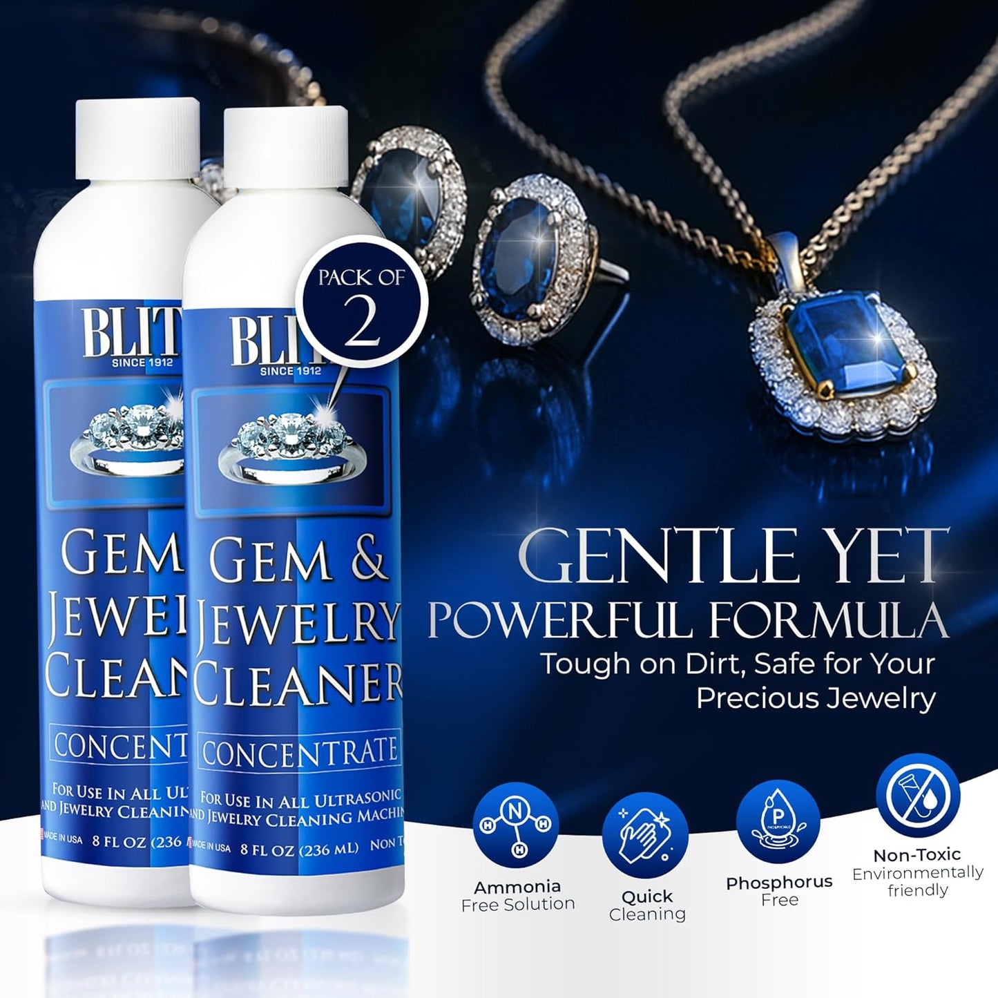 Blitz Gem & Jewelry Cleaner Liquid Concentrate for Gold, Silver, Platinum Jewelry Cleans Non-Porous, Precious & Semi-Precious Stones Non-Toxic, Non-Abrasive, Planet Friendly Made in USA 8oz (2 Pack)