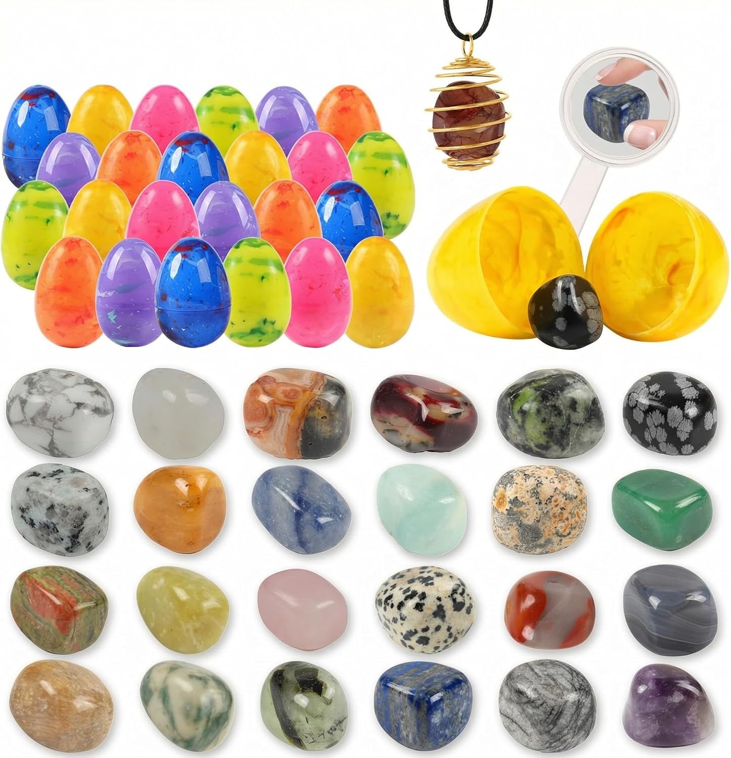 24 Pack Gem Filled Prefilled Easter Eggs, Gemstones Party Favors for Kids Prize Box Birthday Party Supplies, Easter Basket Stuffers, Easter Classroom Exchange Gift for Boys and Girls