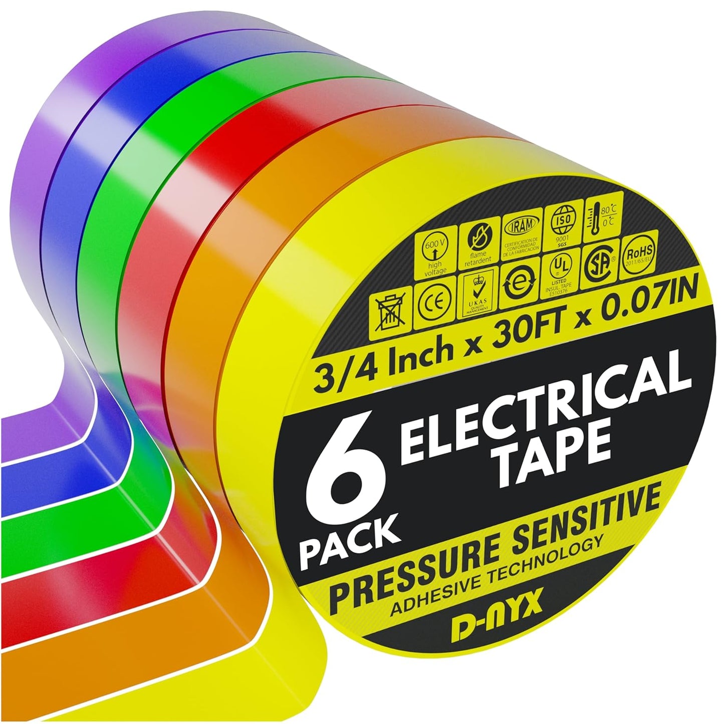 6 Pack Color Vinyl Electrical Tape, Waterproof Flame Heat & Weather Re