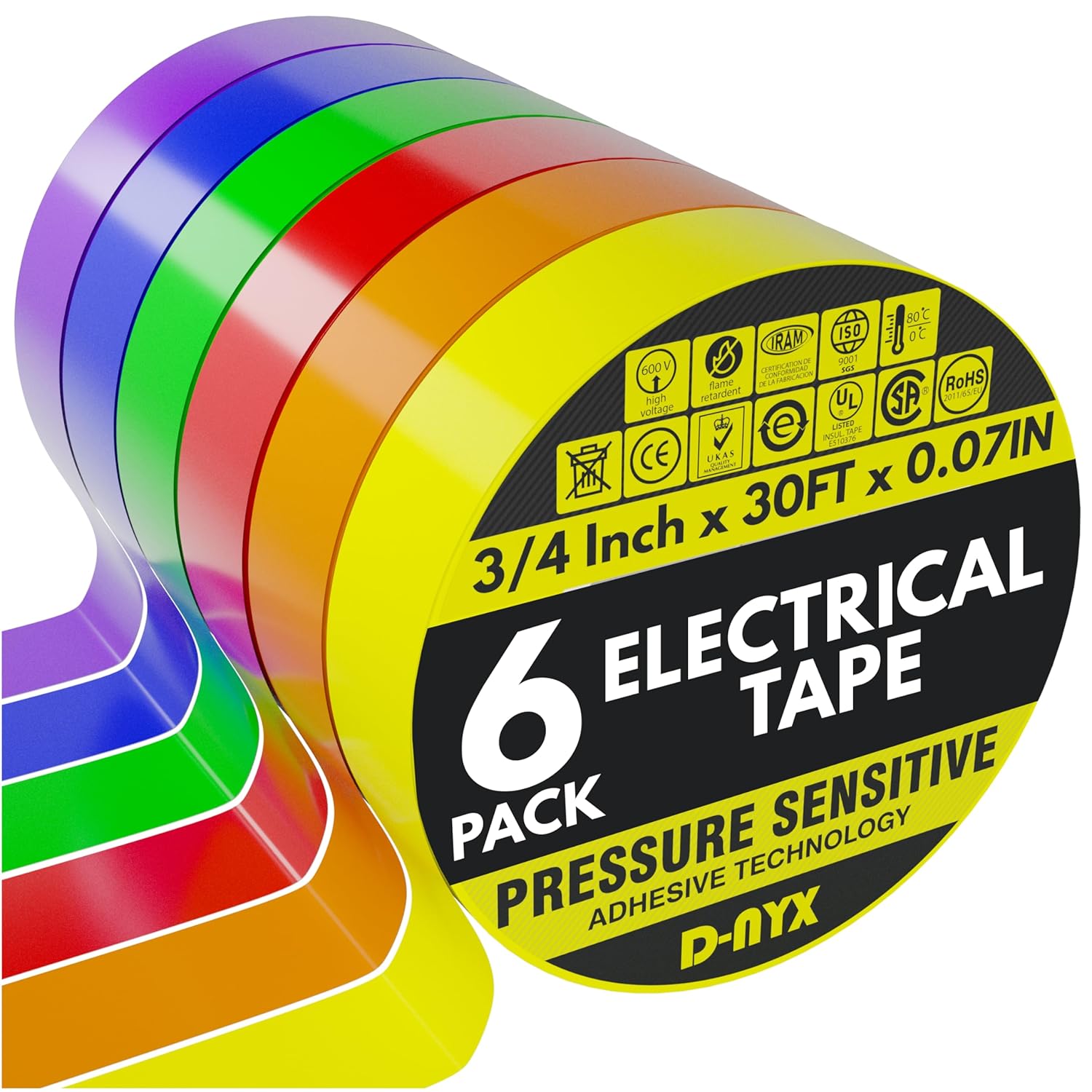 6 Pack Color Vinyl Electrical Tape, Waterproof Flame Heat & Weather Re