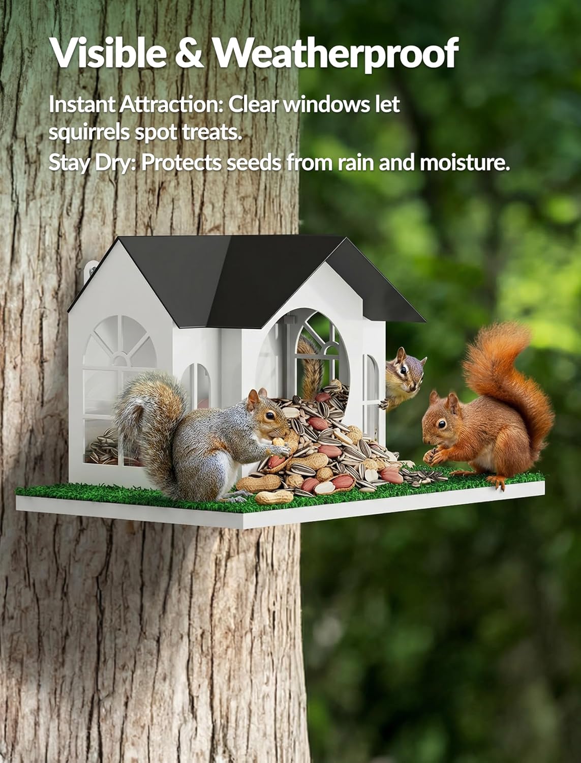 NiHome Outdoor Metal Squirrel Feeder Hanging House, Tree Mounted Squirrel Feeder Large Capacity, Weather Resistant with Acrylic Front, Tree Hanging Food Station for Patio, Backyard and Garden