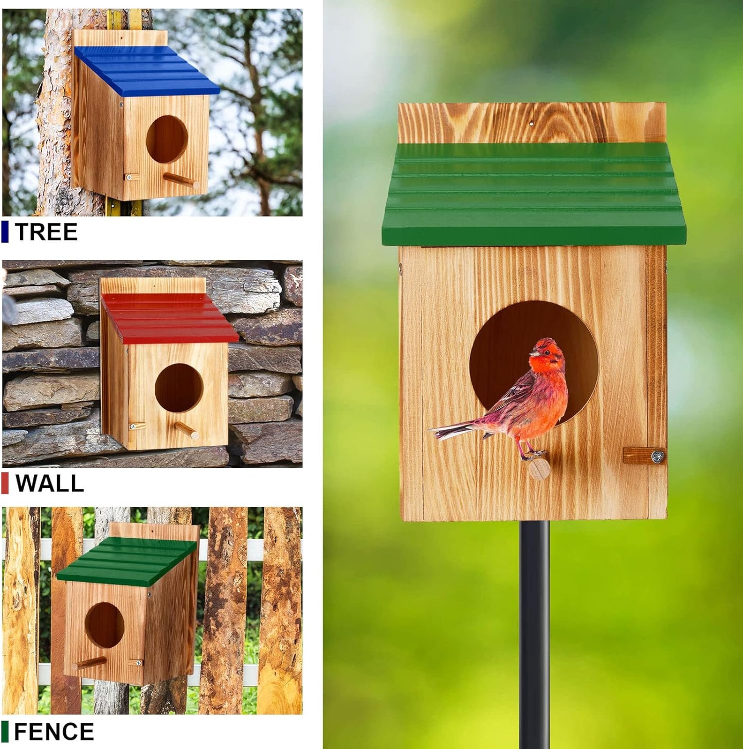 Meanplan 3 Pcs Wooden Bird Houses for Outside Bird House with Pole Woo