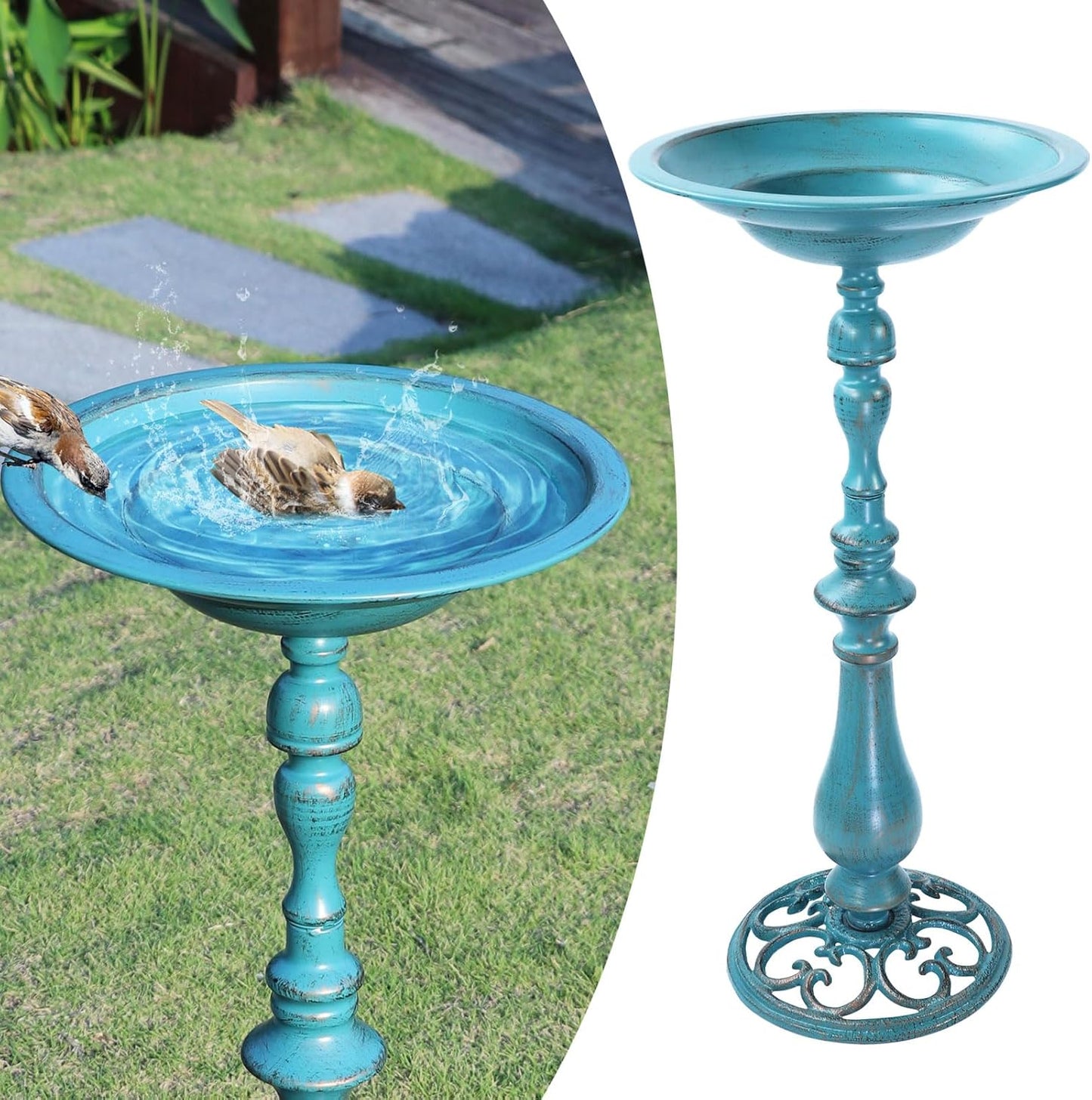 26.6”H×12.3" W Cast Iron Pedestal Bird Bath，Metal Birdbaths Bird Feeder Seed Tray for Garden Yard Decor -Blue.