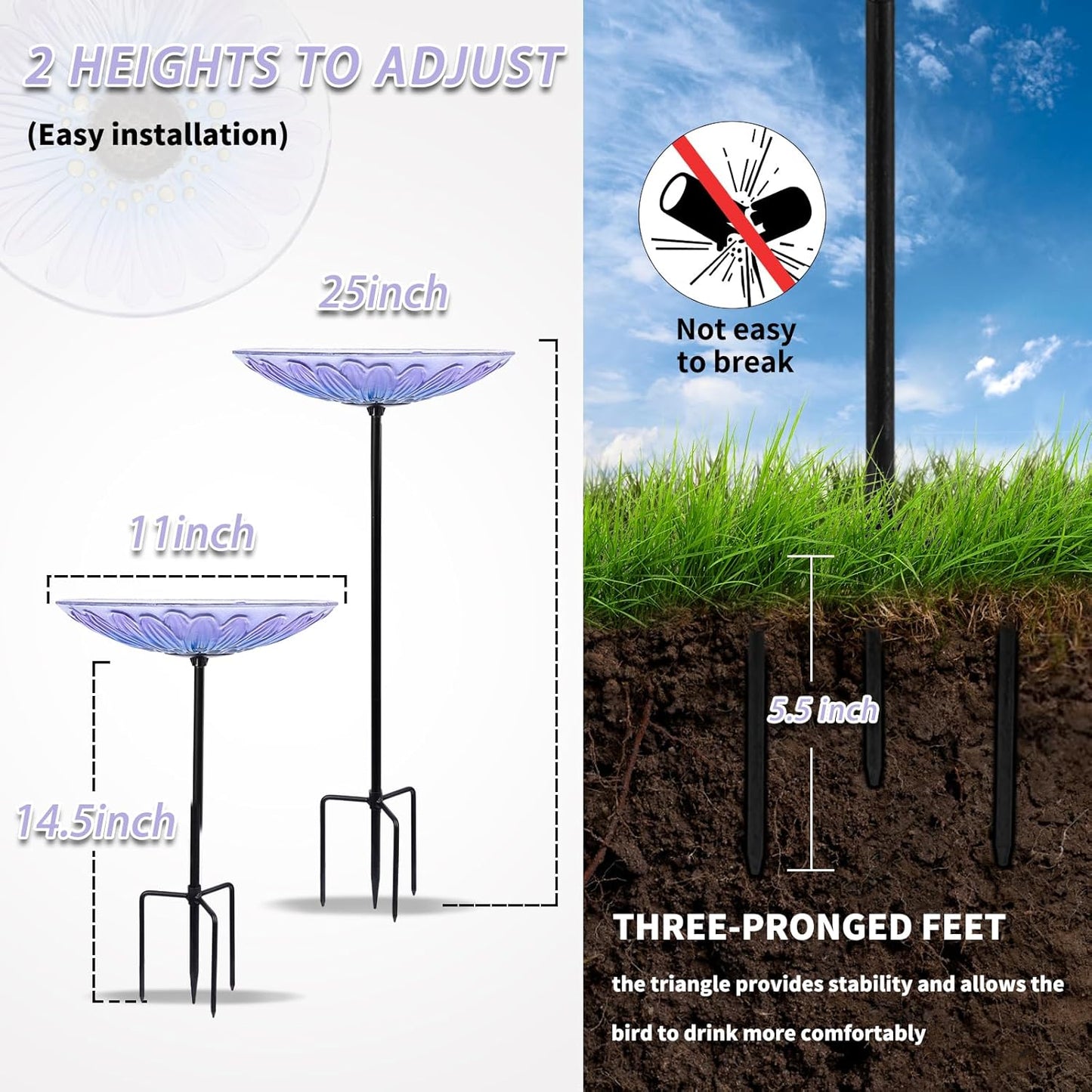 MUMTOP Bird Baths for Outdoors, Glass Bird Bath Stake, Purple Daisy Bi