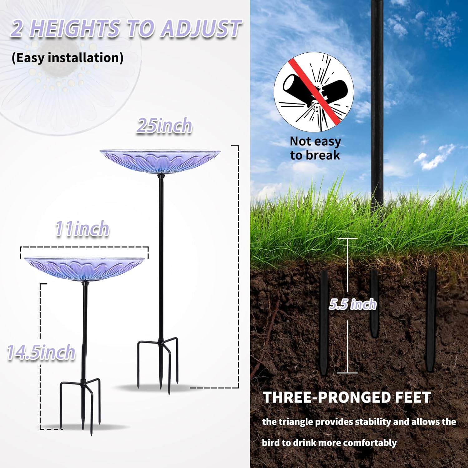 MUMTOP Bird Baths for Outdoors, Glass Bird Bath Stake, Purple Daisy Bi