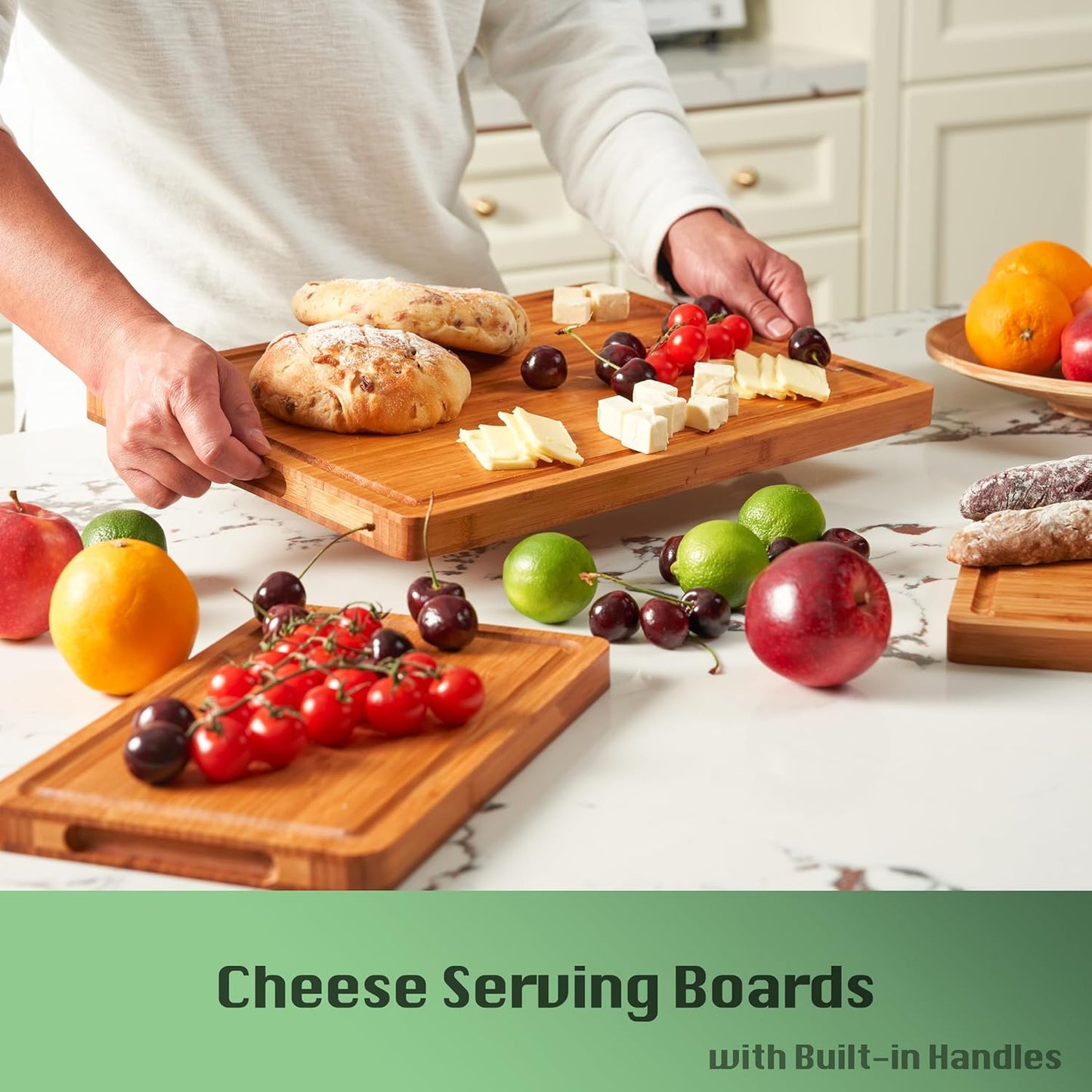 Bamboo Wood Cutting Board for Kitchen, 1" Thick Butcher Block, Cheese Charcuterie Board, with Side Handles and Juice Grooves, 16x11"