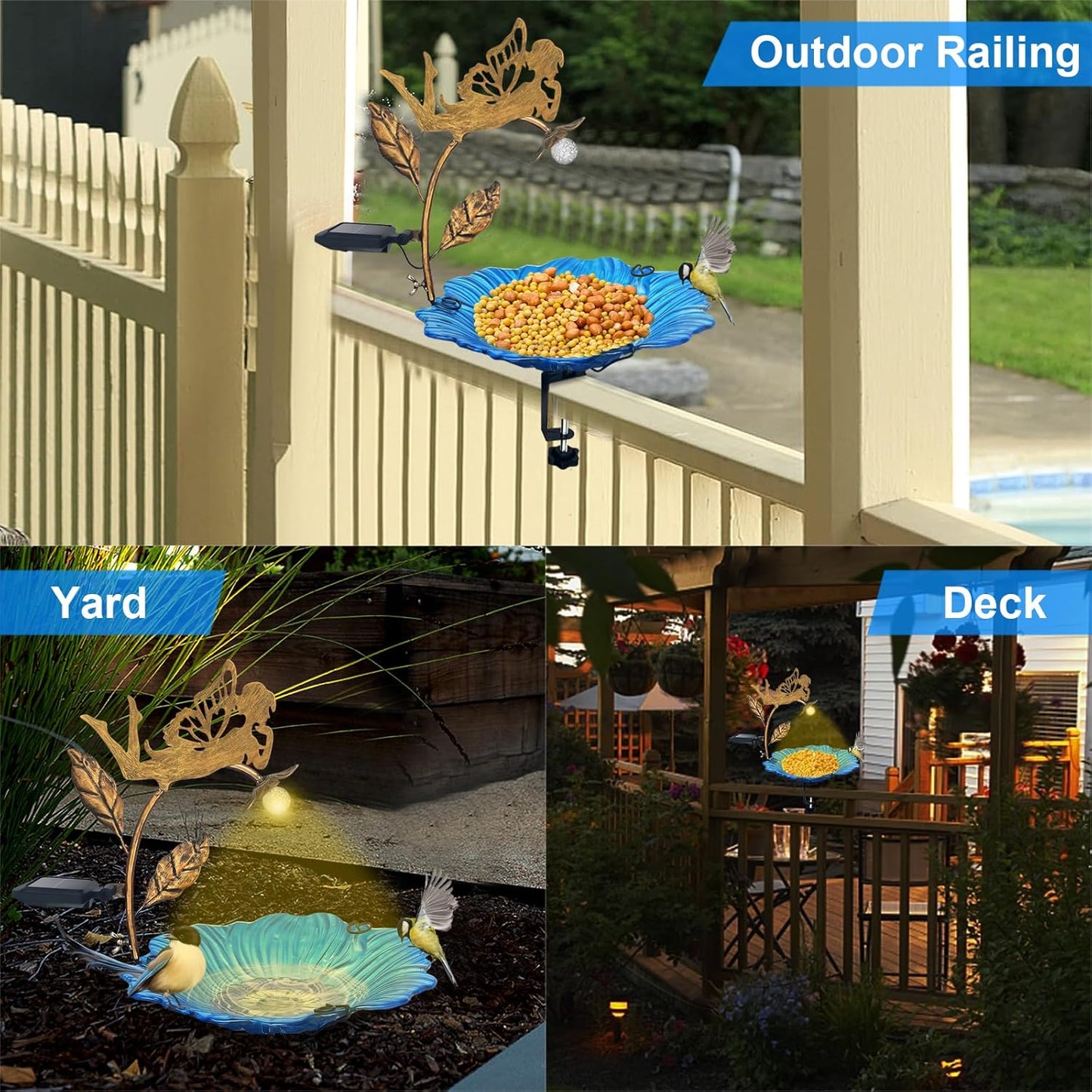 Homight Deck Installation Bird Bath, Hummingbird Solar Bird Bath LED Lights, Adjustable Metal Weather Resistant Durable Deck Bird Bath Bracket, Outdoor Balustrade, Garden, (Angels Holding Lanterns)