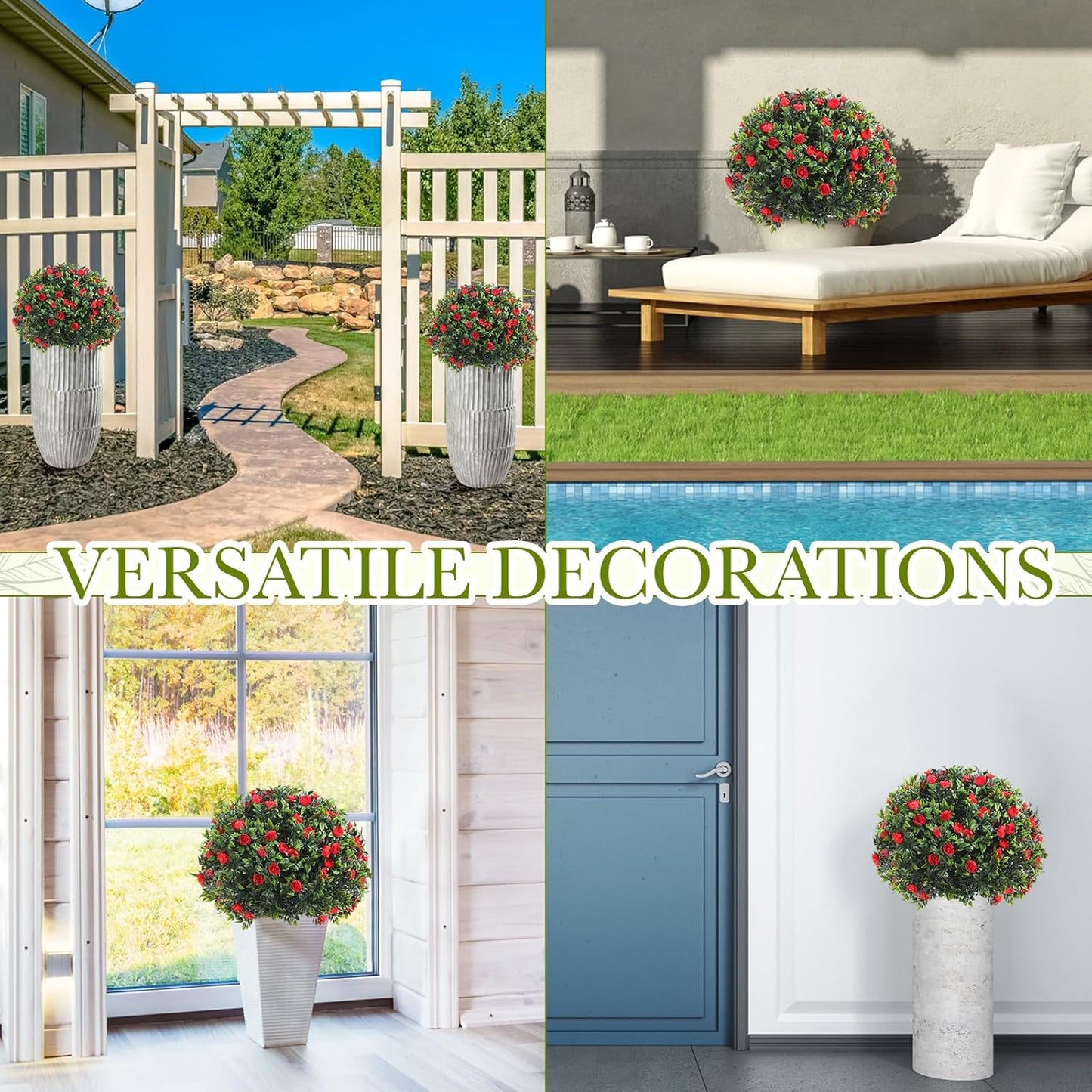 Yunlly 4 Pack Artificial Boxwood Topiary Ball Tree with Faux Rose Bush 18 Inch Outdoor Faux Topiary Shrub with Ground Spike, UV Resistance Fake Plant for Garden Porch Patio Indoor (Red)