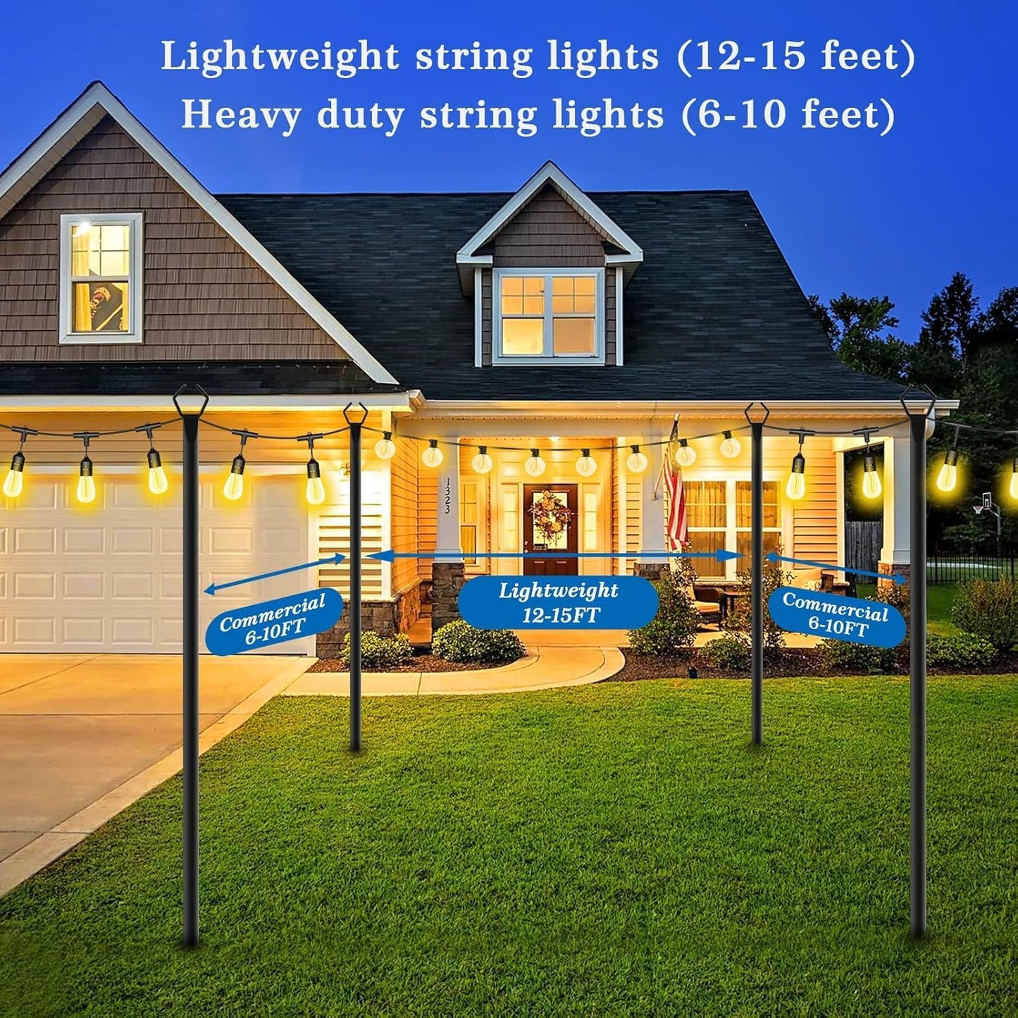 10 Pack 10Ft String Poles, Poles for Outside String Lights,Outdoor with Fork,Metal Poles Stand for Patio,Backyard,Deck