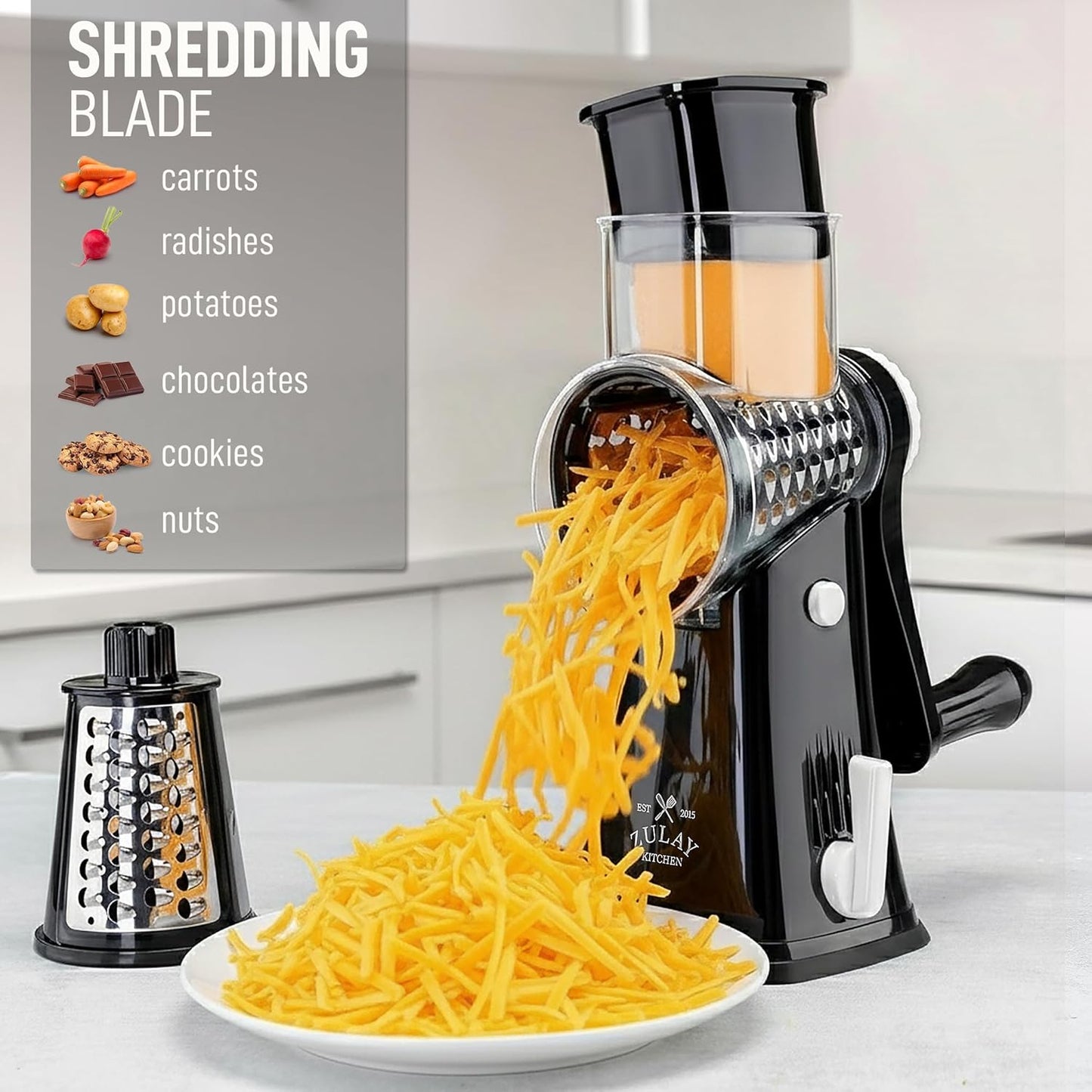 Zulay Kitchen Rotary Cheese Grater 5 Blade Cheese Shredder - Manual Hand Crank Cheese Grater With Reinforced Suction & 5 Interchangeable Drums - Easy to Use, Vegetable Chopper Round Mandoline Slicer