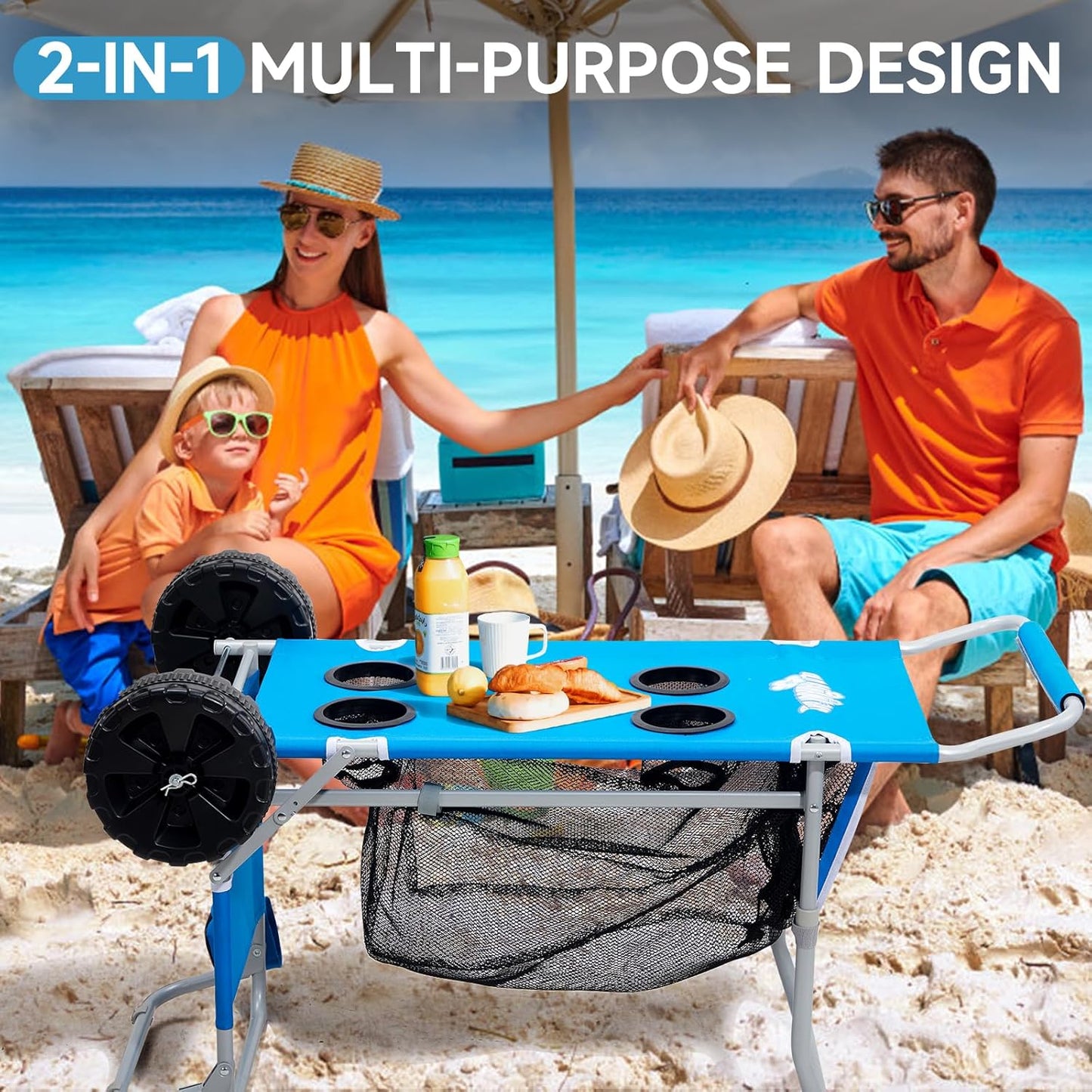 2-in-1 Beach Cart with Big Wheels for Sand, Folding Utility Wagon with Chair Holder, Cooler Bag, Mesh Storage, 4 Cup Holders, Umbrella Rack, Supports 100 lbs, Ideal for Beach Camping Shopping