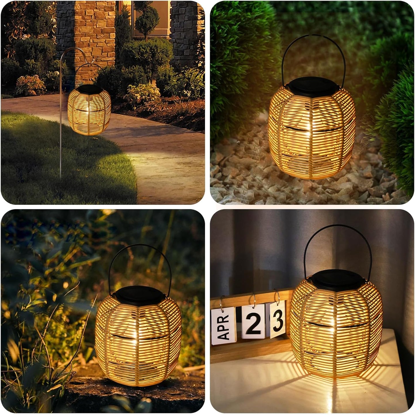 Hanging Solar Lanterns Outdoor Waterproof, 2 Pack Rattan Outdoor Lanterns, Outdoor Solar Hanging Lights, Lantern Lamp Decorations for Outside Yard Garden Pathway Porch Indoor Table Rattan Decor