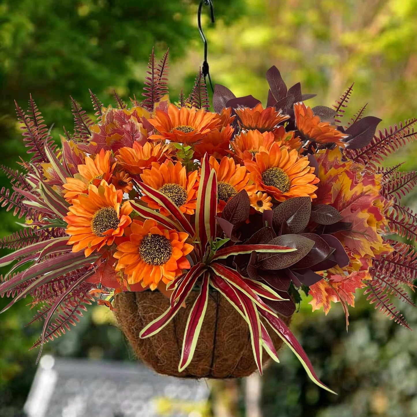 Artificial Sunflowers Flowers Faux Plants Greenery for Fall Thanksgiving Outdoor, 12 Bundles Fake Silk Bushes Foliage Look Real UV Resistant for Outside Planters Porch Pot Decor