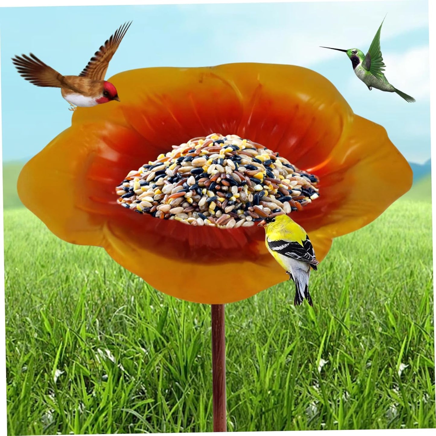 Bird Feeder with Stake Flower Shape Bird Bath 9.5x25in Ground Avian Feeding Station Exquisite Decorative Bath for Outside Yard Garden, Gold Brown