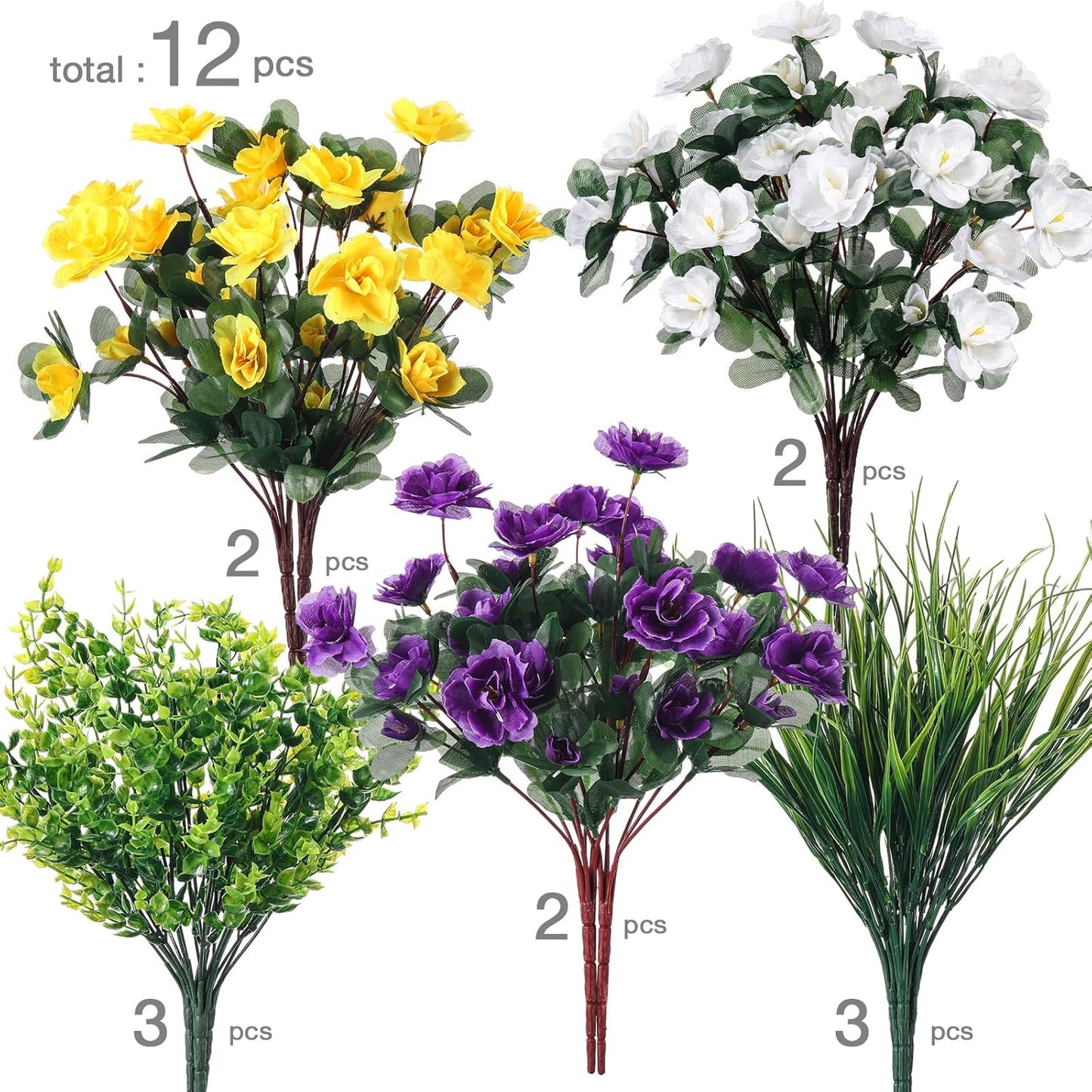 12pcs Artificial Flowers for Outdoor Fake Silk Camellia UV Resistant Realistic Eucalyptus Leaves Fake Grass Greenery for Front Door Porch Planter Pot Patio Balcony Decor(Classic)
