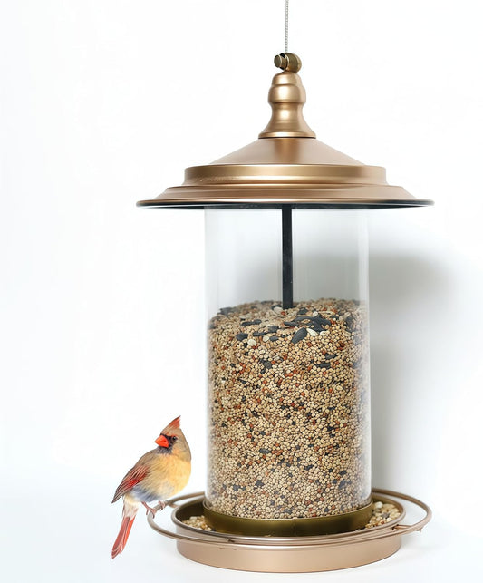 Bird Feeders for Outdoors,Hanging Bird Feeder with Locking Lid, Metal Birdfeeder 11.5 Inch with 17.5cm Weatherproof Large Roof&Tray,3 Feeding Perches,Copper,1 Pack
