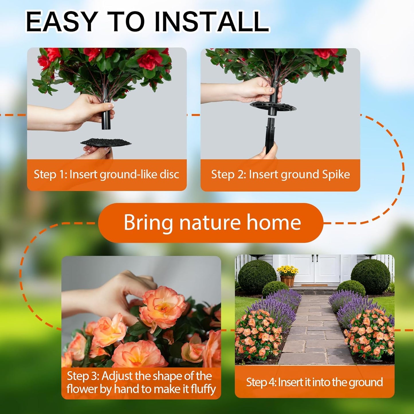 Artificial Flowers for Outdoors, Faux Outdoor Plants Fake Plants Topiary Balls Artificial Outdoor Set of 2 with Ground Spike for Home Front Porch Patio Garden Decor (Tangerine)