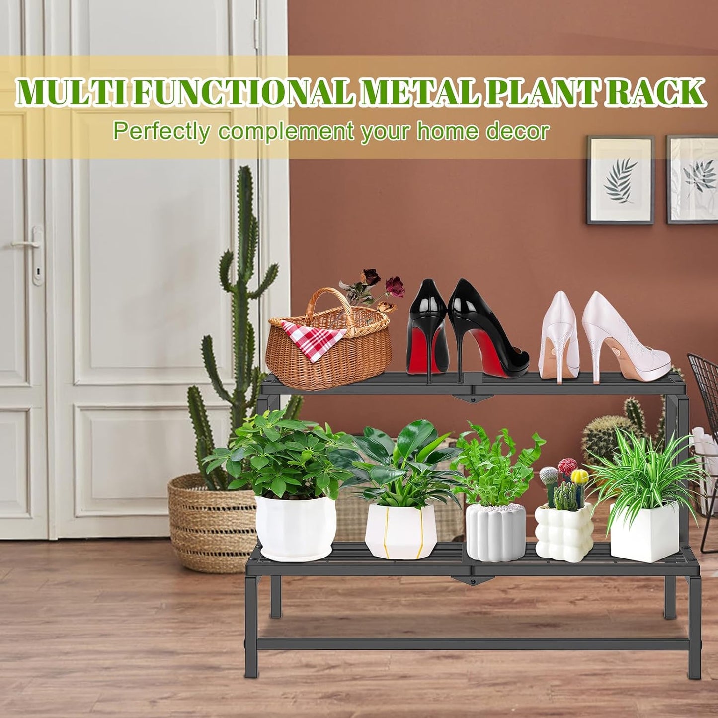 2 Tier Plant Stand Indoor Outdoor, Heavy Duty Metal Tall Plant Shelf f