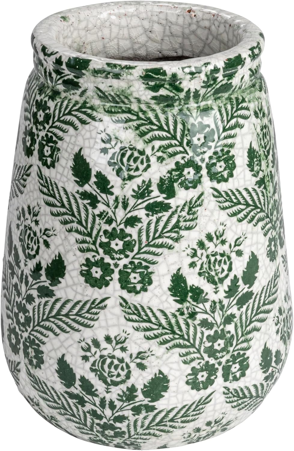 Creative Co-Op Terra-Cotta Planter Vase with Flower Pattern and Crackle Glaze, Green and White