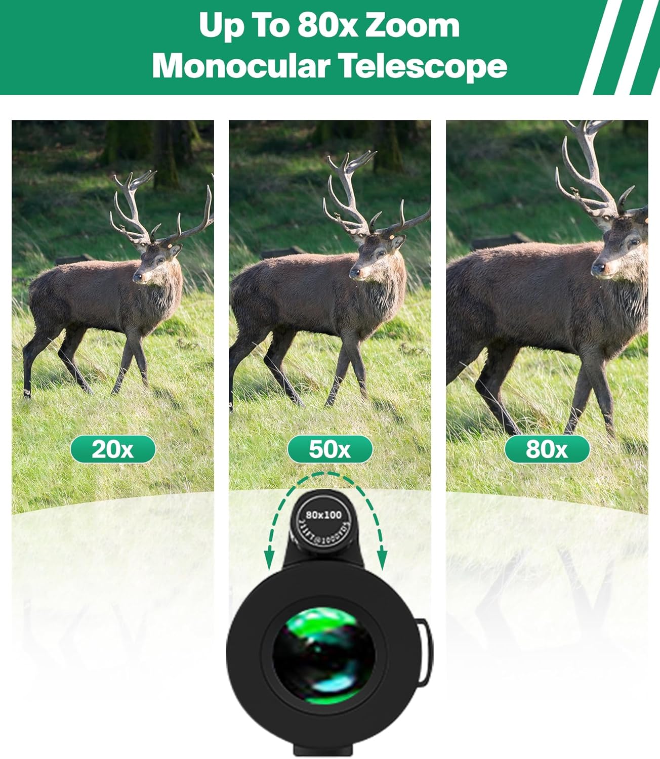 Monocular Telescope 80x100 High Power with Smartphone Adapter Tripod,Larger Vision Monoculars for Adults with BAK4 Prism & FMC Lens, Suitable for Bird Watching Hunting Hiking Camping Wildlife-Green