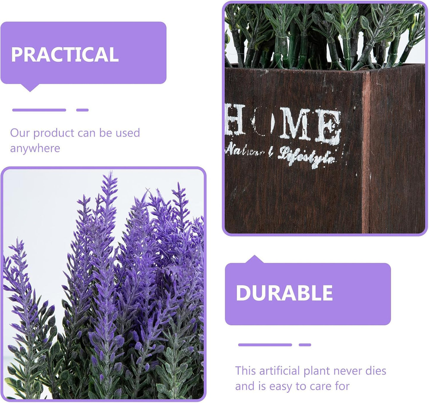 PRETYZOOM Artificial Lavender Pot with Wooden Planter, Simulation Potted Bonsai, Purple Faux Flower Decoration for Home, Kitchen, Bathroom, Farmhouse Style Desktop Ornament
