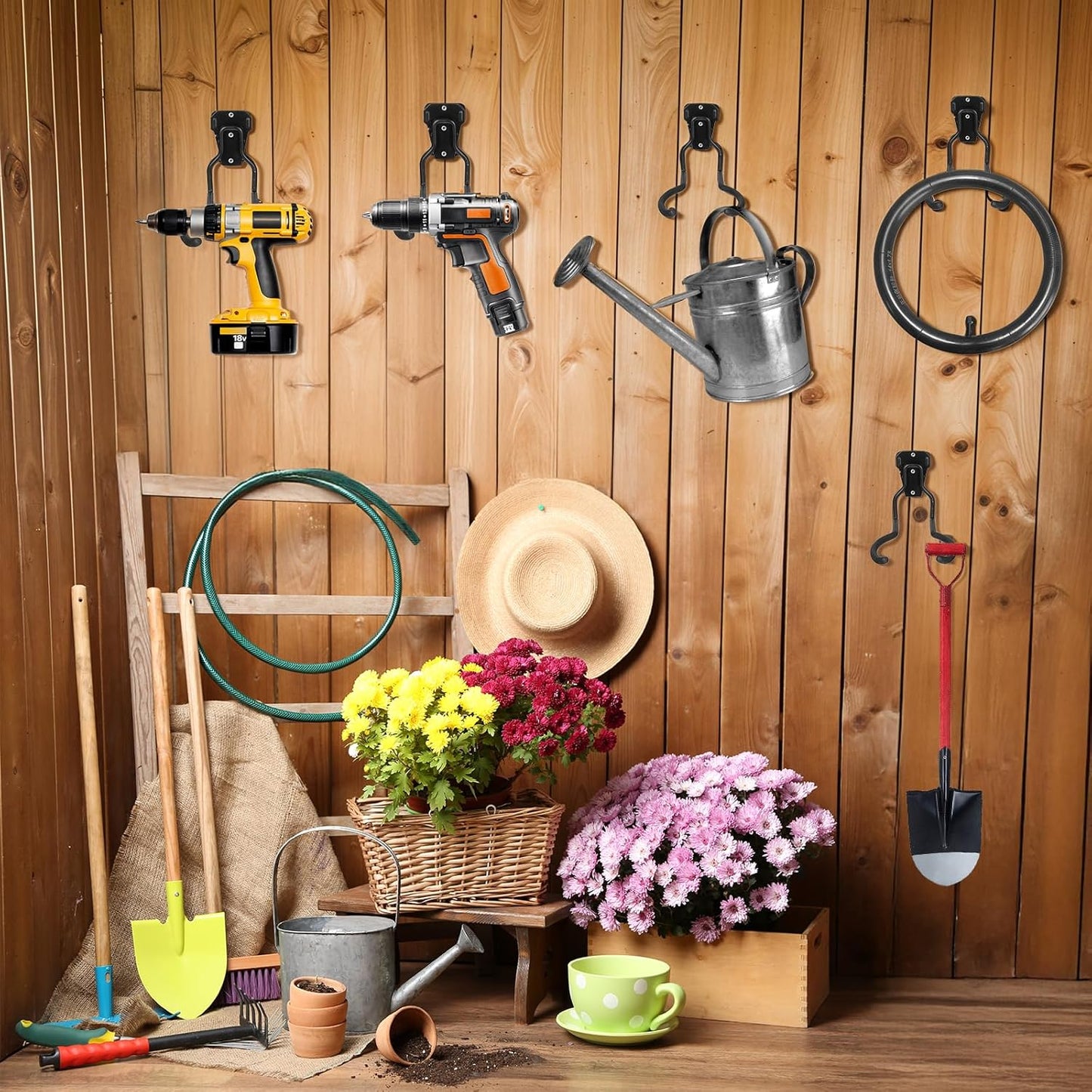MAQUITA Garden Tool Wall Mount Rack, 4-Piece Steel String Trimmer Holder, Garage Storage Hook for Weed Eater, Leaf Blower, Lawn Equipment
