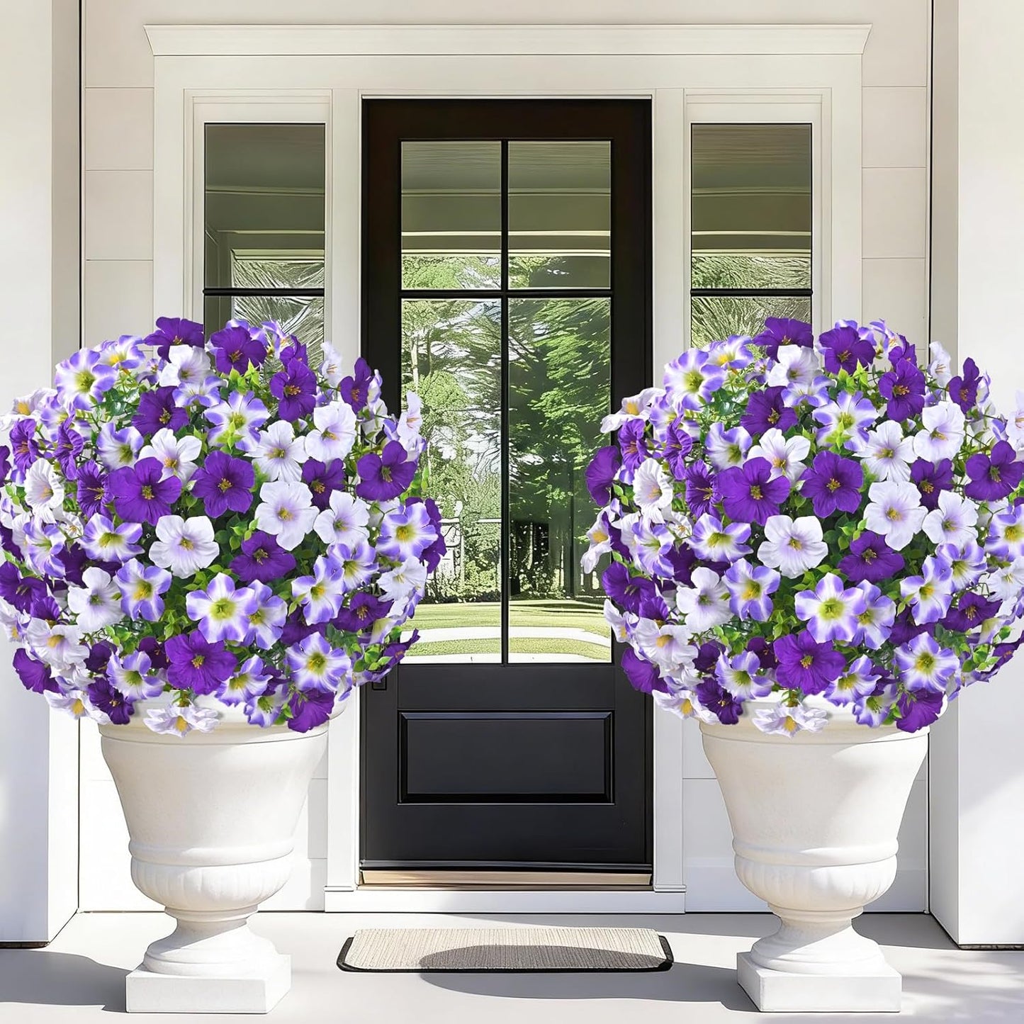 23" Artificial Boxwood Topiary Ball Trees with Petunias Flowers, Set of 2 Faux Outdoor Plants with Ground Spike for Outdoors, UV Resistant Fake Flowers for Outdoor Garden Yard Front Porch Patio Decor